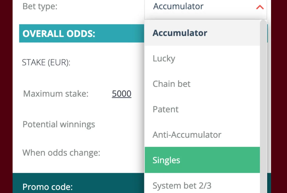 Choosing a bet type on 22Bet