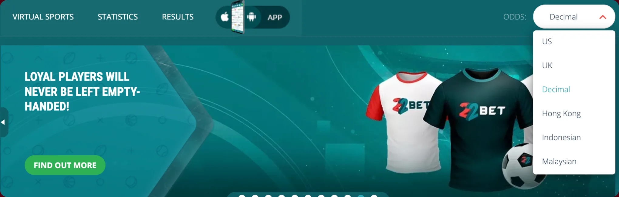 Choosing the odds format on 22Bet
