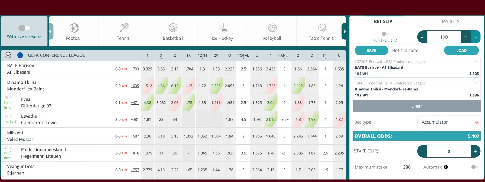 The 22Bet betting interface