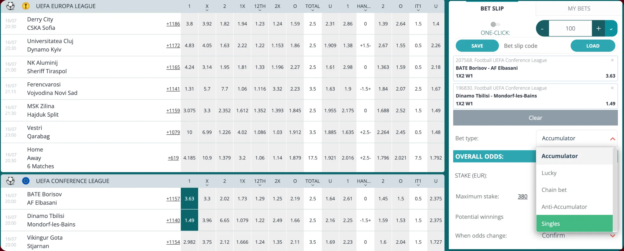 The 22Bet betslip